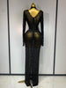 Sparkly Rhinstones Long Sleeve Elegant Party Dress Women Performance Stage Outfit Evening Birthday Prom Gown