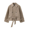 Women's Plaid Belt Short Jacket Loose Lapel Long Sleeve Lace Up Double Breasted Coats Autumn Lady Chic Jackets