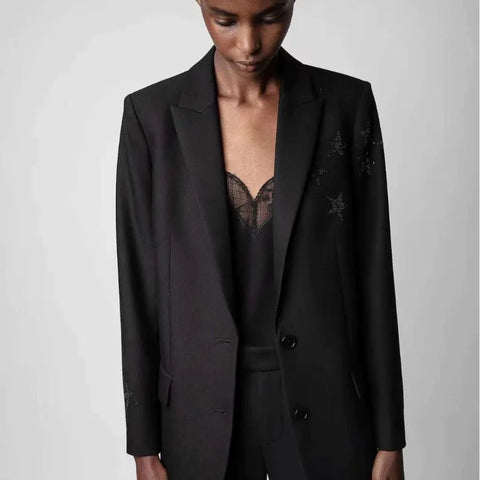 crystal-embellished blazer women peak lapels long sleeves two side flap pockets high autumn winter blazers female