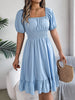 Solid Puff Sleeve Square Neck Ruched Bust Ruffle Hem Wasit Dress, Women's Clothing