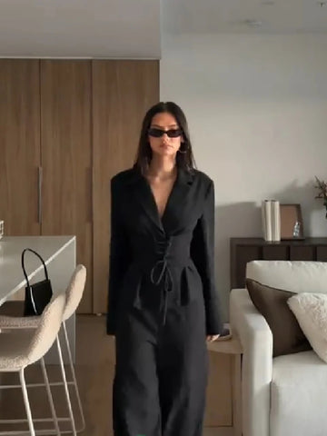 Women's Black Ruched Lace-up Blazer Co Ord Set Notched Collar Long Sleeve Cinch Waist Wide Leg Pants Casual Matching Suit