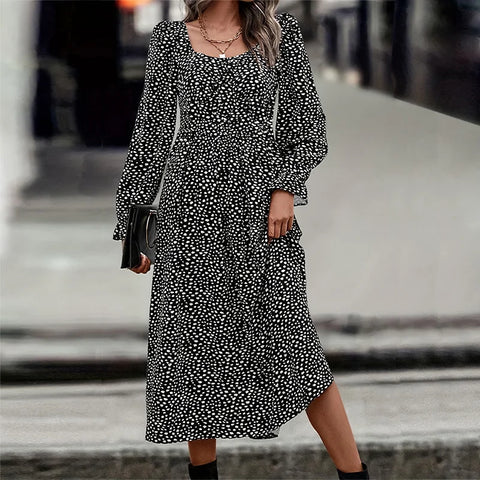 Plus-Size Polka Dot Print Square-Neck Midi Dress Elegant Stylish Loose Long-Sleeve Waist-Cinching Women's Dress