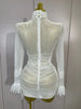 Elegant White High Collar Long Sleeve Solid Mesh Sexy See Through Ruffle Mini Dress Women Evening Club Party Birthday Dresses