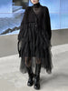 Women Black Big Size Knitting Mesh Irregular Sweater Dress V-Neck Long Sleeve Spring Autumn 1DH2366
