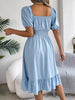 Solid Puff Sleeve Square Neck Ruched Bust Ruffle Hem Wasit Dress, Women's Clothing