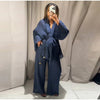 Casual Women Shirt Pant Set V-Neck Lace Up Loose Long Sleeve Top Wide Leg Trousers Suit Spring Autumn Chic Lady Outfits