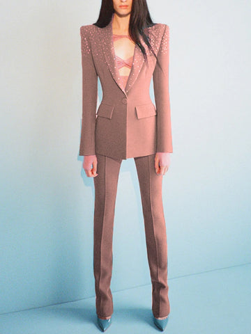 High Street S/S Career Designer Suit Set Women's Elegant Single Button Diamonds Beaded Blazer Pants Suit