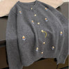 Korean Ladies Round Neck Knitted Cardigan Femme Long Sleeves Embroidery Sweater Coat Autumn Women Knit Jacket Tops