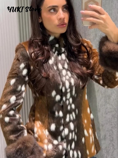 Leopard Print Women's Faux Fur Jacket Stand Neck Full Sleeve Slim Fitted Cropped Coats Female Autumn Winter Vintage Outwear