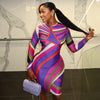 Women's Colorful Stripes Print O-Neck Long Sleeve Waistband Hips Wrapped Dress