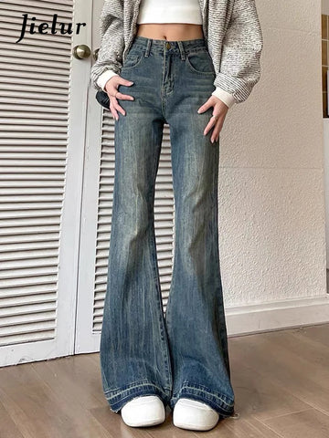 Slim Casual Vintage Blue Women‘s Jeans Winter American Style Chic Office Ladies Pockets Basic Female Flare Pants