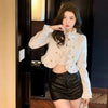 White Cropped Jackets for Women Korean Ruffles Double-Breasted Coat Ladies Elegant Chic Short Tweed Cardigans