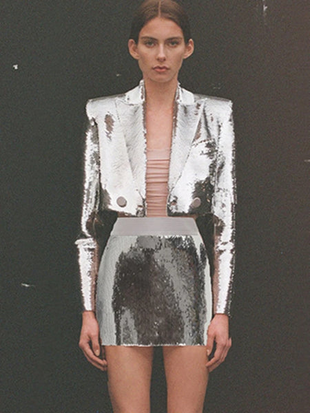Sexy   Sequins Blazer+Skirt Two-Piece Set Elegant Silver Shiny Sequin Short Jacket+High Waist Mini Bust Party Suits Club