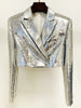 Sexy   Sequins Blazer+Skirt Two-Piece Set Elegant Silver Shiny Sequin Short Jacket+High Waist Mini Bust Party Suits Club