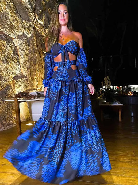 Sexy Off Shoulder Long Dress Women 2024 Summer Hollow Out Party Dresses Elegant Slim Printed Maxi Vestidos Holiday Beach Robe