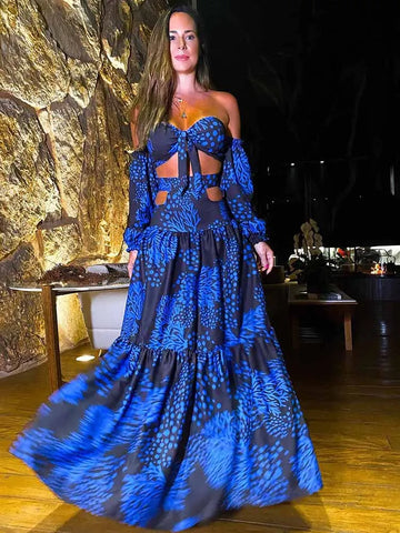 Sexy Off Shoulder Long Dress Women 2024 Summer Hollow Out Party Dresses Elegant Slim Printed Maxi Vestidos Holiday Beach Robe