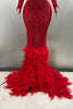 Yiling Sparkling Red Crystal Feather Mermaid Long Sleeve Long Dress Women's Formal Occasion Wedding Celebration Party