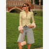 Light Green Landscape Print Jackets Women Chic Stand Collar Furry Cuff Single Breasted Slim Cropped Coat Lady Autumn Daily Wear