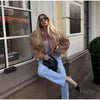 Brown Loose Short Suede Jacket Women Lapel Lantern Sleeves Zipper Outwears Lady Spring Daily Commute Street Coat