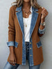 Women Ribbed Denim Patchwork Blazer Lapel Long Sleeve Single Button Casual Mid Length Jacket Ladies Spring Autumn Outerwear