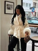Elegant Lace Up Woolen Short Coat Solid Lapel Fur Cuffs Belt Long Sleeve Jacket Female Autumn Winter Lady Chic Cardigan