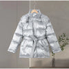 Shiny Stylish Women's Winter Jackets Hooded Waist-Defining Belt Thicken Pockets Full Sleeve Padded Coats Lady Jacket For Women