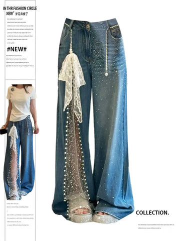 Autumn Winter Women's Denim Pants Mesh Patchwork Y2K Streetwear Baggy Jeans Grunge Japanese Harajuku Cowboy Tide Designer