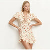 Sexy Floral Printed Mini Dress Women V-neck Flared Sleeve Waist Cinching Ruffle Bodycon Vestido Lady Party Vacation Gowns