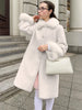 Elegant Faux Fur Collar Coat Women Winter Slim Patchwork Pocket Warm Trench Street Casual Long Faux Fox Fur Outerwear