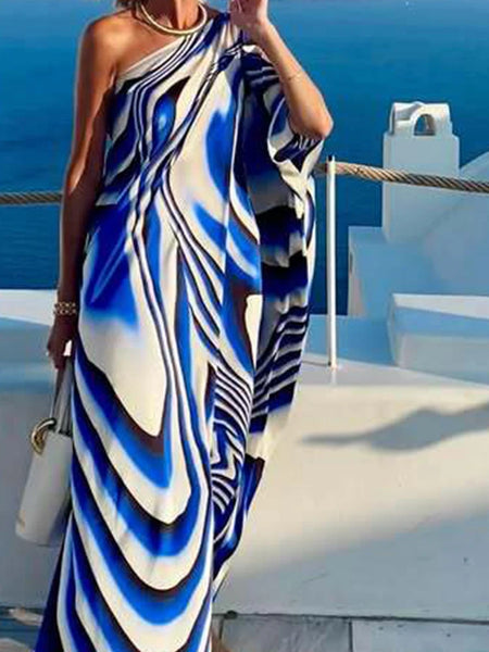Elegant Pleated Bohemian Dress Sexy Slant Shoulder Sleeve Loose Holiday Dress Women Pattern Print Hollow Out Party Dress