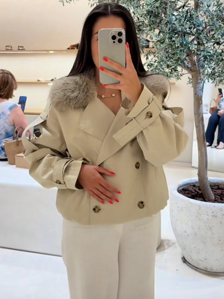 Women Fur Collar Solid Coats Maxi Sleeves Pocket Double-breasted Lapel Jackets Autumn Lady Daily Street Outwear