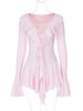 Women's Elegant Casual Dress Spring Deep V Neck Flared Sleeve Ruffled Lace Pleated Short Dress
