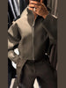 Olive Green Women's Short Coat High Neck Full Sleeve Zipper Up Oversized Cropped Jacket Autumn Female Daily Casual Outwear