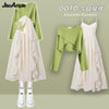 Spring Autumn Dress Matching Set Women's Vintage Short Knitted Sweater Suspended Skirt Two Piece Female Clothing Suit