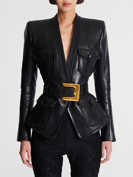 High Street Designer Jacket Women's Belt Slim Fitting Leather Button Pocket Decoration Artificial Leather Blazer