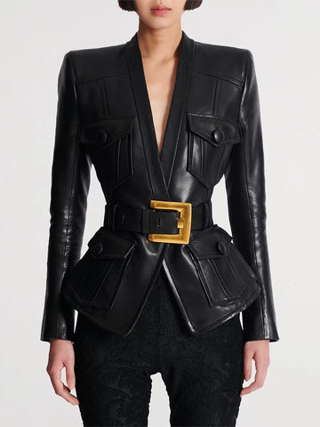 High Street Designer Jacket Women's Belt Slim Fitting Leather Button Pocket Decoration Artificial Leather Blazer