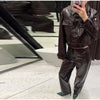 Y2K Punk Embossed Leather Coat Pants Set Women's Chic Lapel Cropped Jacket Matching High Waist Pant Streetwear Lady Outfit