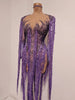 Women Sparkly Diamond Purple Tassel Long Sleeves Mesh See Through Dress Latin Dance Outfits Bar Nightclub Party Club Stage Wear