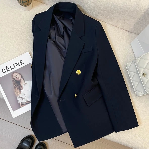 Navy Suit Jacket Blazers Women Spring Autumn Jacket Casual British Office Lady Suit Metallic Button