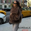 Casual Brown Thick Fur Jackets Women Long Sleeve V Neck Autumn Winter Faux Fur Coats Streetwear Outwears