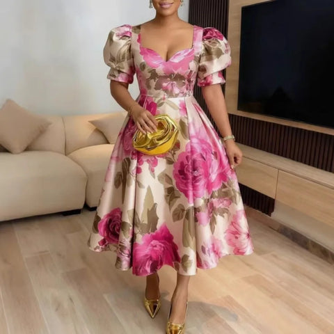 Women's Floral Print Plus Size Midi Dress Sweetheart Neck Puff Sleeve A-Line Elegant Party Cocktail Vitnage Evening Dresses