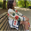 Colorful Flower Printed Pattern Cardigan Women O Neck Long Sleeves Patch Pockets Loose Short Coat Women Daily Commute Outwear