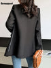 Autumn Black Wool Blends Patchwork Leather Jacket Women with Many Pockets Long Sleeve Korean Streetwear