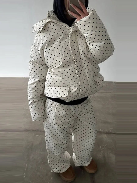 Casual Women's Polka Dot Padded Cotton Coat Pant Suit Hooded Full Sleeve Zipper Coats Straight Pants Winter Lady Ski Set