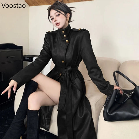 Korean Black PU Leather Trench Coat Women Casual Moto Biker Long Jackets Y2k Vintage Female Streetwear Autumn Clothes
