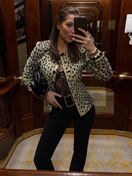 O-neck Leopard Short Faux Fur Coats Women Full Sleeve Button Waist Cinching Autumn Winter Jacket Designer Outerwears