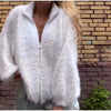 Women Fuzzy Sequin Knit Zip Up Cardigan Stand Collar Long Sleeve Oversized Loose Sweater Jacket Streetwear Outerwear