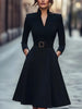 Women Long Sleeve V Neck Midi Dress With Belt A Line Swing Skirt Elegant Office Party Cocktail Wear