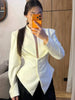 Pleated Waist Cinching Blazer Coat Women Chic Deep V-neck Full-sleeve Single Breasted Slim Coats Lady Commute Jacket