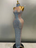 Sexy Sparkly Silver Rhinestone See Through Mesh Long Dress Women Evening Birthday Party Bar Stage Show Costume